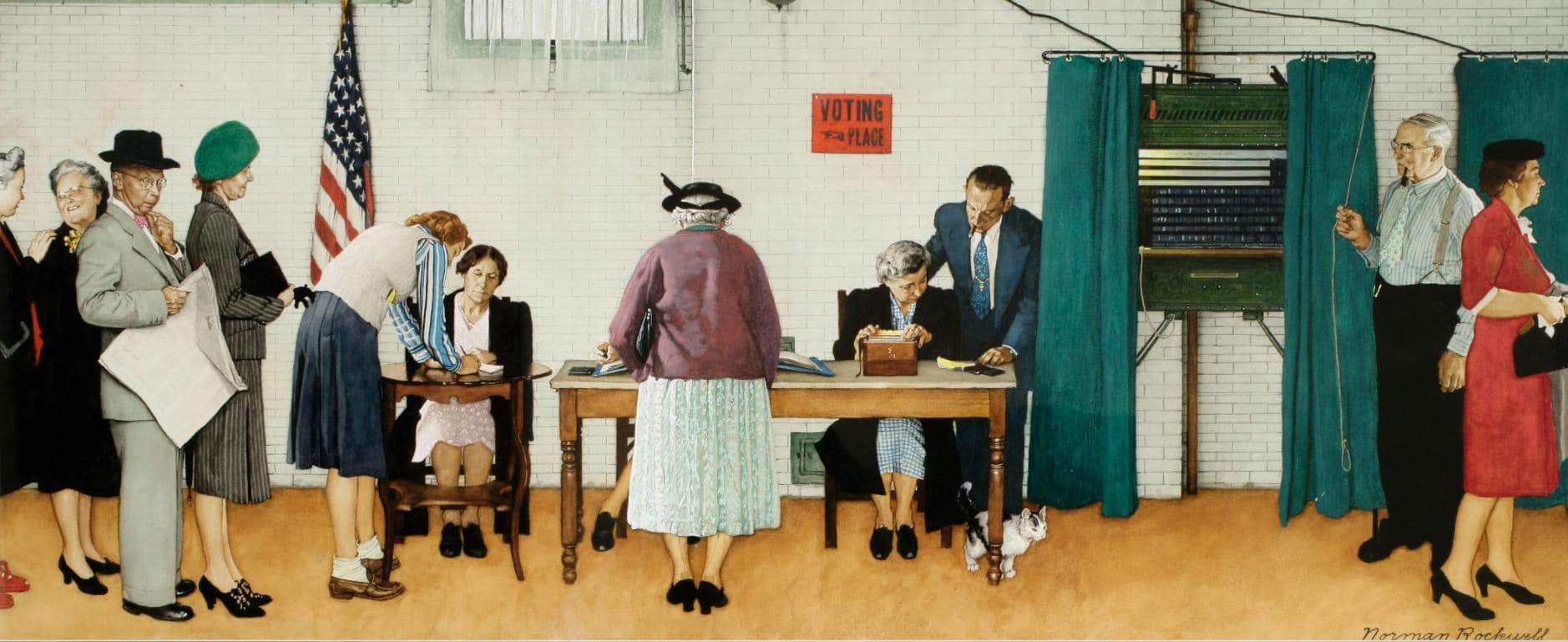 "The Right to Vote" (1947) by Norman Rockwell, depicting Americans at a polling place.